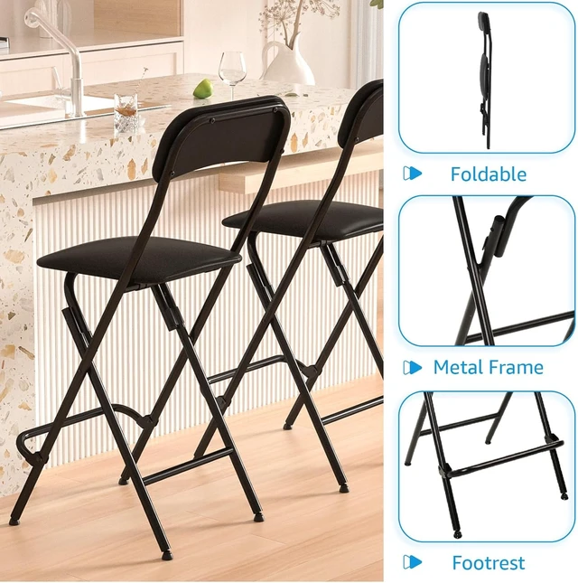 Alt view image 4 of 7 - HOME Folding Bar Stool with Backrest,25 Inch Leather Padded Counter Height Foldable Stool,Tall Folding Stool Chair for Gardening Kitchen Shop Cafe, Black (2 Pack)