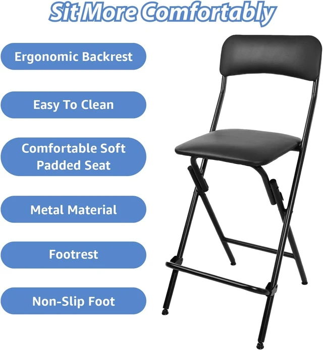 Alt view image 5 of 7 - HOME Folding Bar Stool with Backrest,25 Inch Leather Padded Counter Height Foldable Stool,Tall Folding Stool Chair for Gardening Kitchen Shop Cafe, Black (2 Pack)