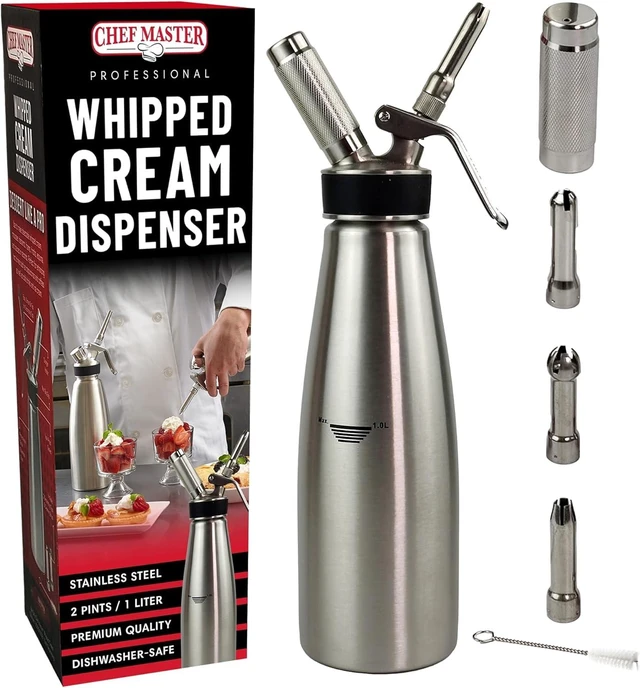 Main image of (2 Pint / 1 Liter) Stainless Steel Whipped Cream Dispenser - Decorating Tips for Desserts, Latte + Cleaning Brush - Whip Cream Dispenser Canister for Home, Bakery or Restaurant - 90079