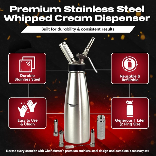 Alt view image 2 of 7 - (2 Pint / 1 Liter) Stainless Steel Whipped Cream Dispenser - Decorating Tips for Desserts, Latte + Cleaning Brush - Whip Cream Dispenser Canister for Home, Bakery or Restaurant - 90079