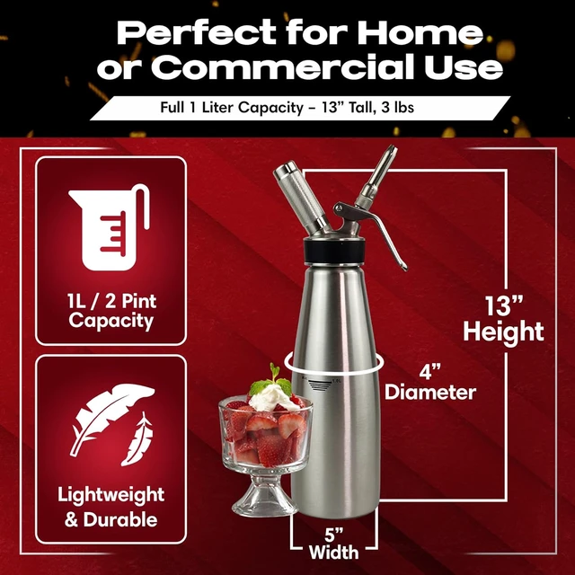 Alt view image 3 of 7 - (2 Pint / 1 Liter) Stainless Steel Whipped Cream Dispenser - Decorating Tips for Desserts, Latte + Cleaning Brush - Whip Cream Dispenser Canister for Home, Bakery or Restaurant - 90079