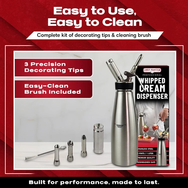 Alt view image 4 of 7 - (2 Pint / 1 Liter) Stainless Steel Whipped Cream Dispenser - Decorating Tips for Desserts, Latte + Cleaning Brush - Whip Cream Dispenser Canister for Home, Bakery or Restaurant - 90079