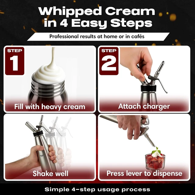 Alt view image 5 of 7 - (2 Pint / 1 Liter) Stainless Steel Whipped Cream Dispenser - Decorating Tips for Desserts, Latte + Cleaning Brush - Whip Cream Dispenser Canister for Home, Bakery or Restaurant - 90079