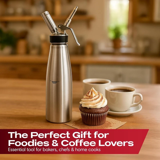 Alt view image 7 of 7 - (2 Pint / 1 Liter) Stainless Steel Whipped Cream Dispenser - Decorating Tips for Desserts, Latte + Cleaning Brush - Whip Cream Dispenser Canister for Home, Bakery or Restaurant - 90079