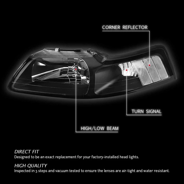 Alt view image 5 of 6 - HL-OH-FM99-BK-CL1 Black Housing Headlights Replacement Compatible with 99-04 Ford Mustang