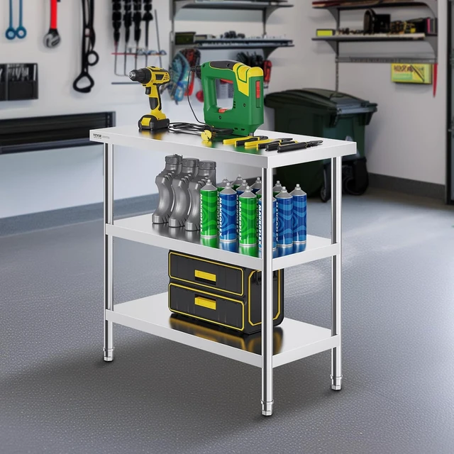 Alt view image 2 of 7 - Stainless Steel Food Prep Table, 18 x 36 x 34 Inch Commercial Kitchen Worktable, with 2 Adjustable Undershelf, Heavy Duty Prep Metal Work Table for BBQ, Kitchen, Home, and Garage