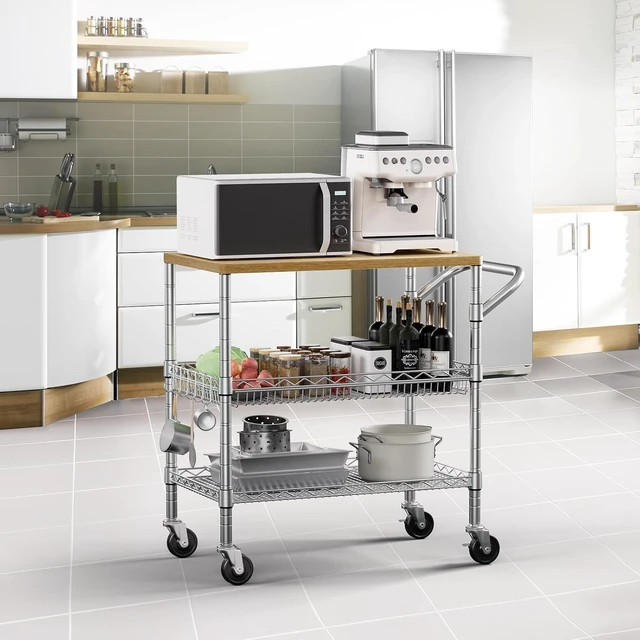 Alt view image 2 of 7 - 3 Tier Rolling Kitchen Carts on Wheels with Storage,650Lbs Heavy Duty Utility Carts with Wheels,Kitchen Island with Wood Tabletop,Metal Serving Rolling Cart for Small Appliance Food Cart,Wood+Metal