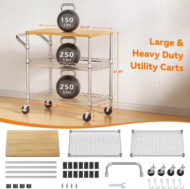 Alt view image 3 of 7 - 3 Tier Rolling Kitchen Carts on Wheels with Storage,650Lbs Heavy Duty Utility Carts with Wheels,Kitchen Island with Wood Tabletop,Metal Serving Rolling Cart for Small Appliance Food Cart,Wood+Metal
