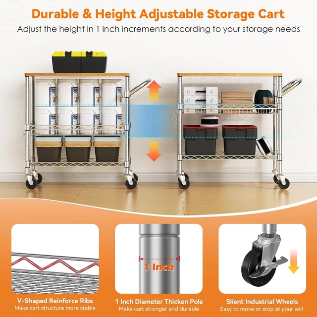Alt view image 4 of 7 - 3 Tier Rolling Kitchen Carts on Wheels with Storage,650Lbs Heavy Duty Utility Carts with Wheels,Kitchen Island with Wood Tabletop,Metal Serving Rolling Cart for Small Appliance Food Cart,Wood+Metal
