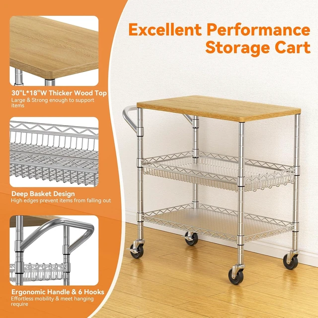 Alt view image 5 of 7 - 3 Tier Rolling Kitchen Carts on Wheels with Storage,650Lbs Heavy Duty Utility Carts with Wheels,Kitchen Island with Wood Tabletop,Metal Serving Rolling Cart for Small Appliance Food Cart,Wood+Metal
