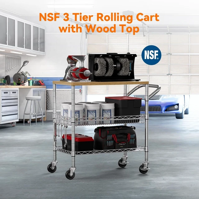 Alt view image 6 of 7 - 3 Tier Rolling Kitchen Carts on Wheels with Storage,650Lbs Heavy Duty Utility Carts with Wheels,Kitchen Island with Wood Tabletop,Metal Serving Rolling Cart for Small Appliance Food Cart,Wood+Metal