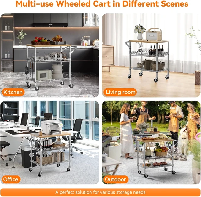 Alt view image 7 of 7 - 3 Tier Rolling Kitchen Carts on Wheels with Storage,650Lbs Heavy Duty Utility Carts with Wheels,Kitchen Island with Wood Tabletop,Metal Serving Rolling Cart for Small Appliance Food Cart,Wood+Metal