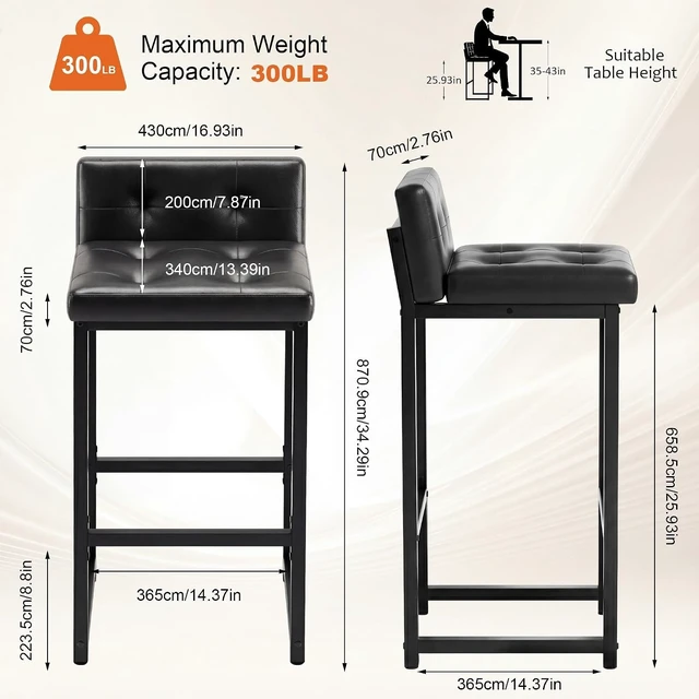 Alt view image 2 of 7 - Bar Stools Set of 2, Counter Height Bar Stools Sets with Back, Faux Leather Barstools with Metal Legs and Footrest, Upholstered Bar Chairs for Dining Kitchen Island, Home Counter Bar