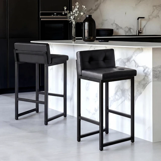 Alt view image 3 of 7 - Bar Stools Set of 2, Counter Height Bar Stools Sets with Back, Faux Leather Barstools with Metal Legs and Footrest, Upholstered Bar Chairs for Dining Kitchen Island, Home Counter Bar