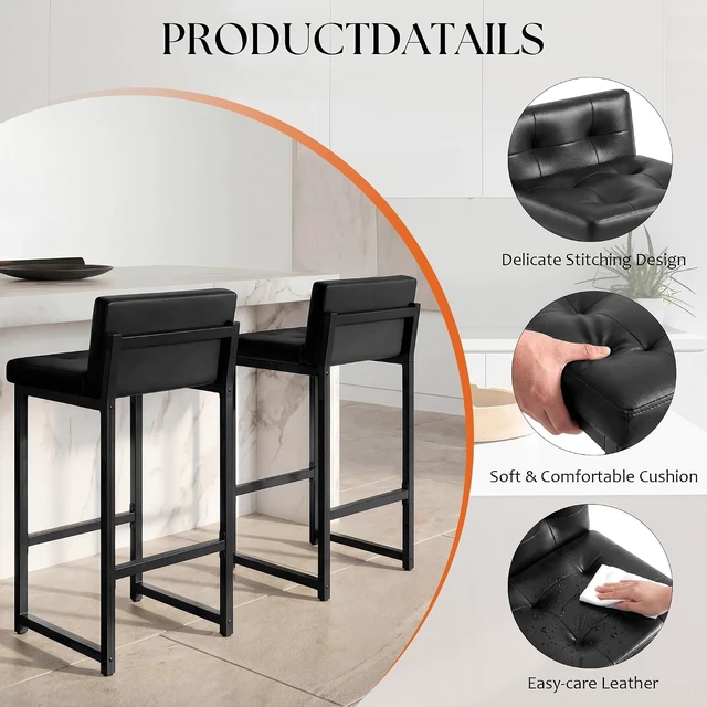 Alt view image 5 of 7 - Bar Stools Set of 2, Counter Height Bar Stools Sets with Back, Faux Leather Barstools with Metal Legs and Footrest, Upholstered Bar Chairs for Dining Kitchen Island, Home Counter Bar