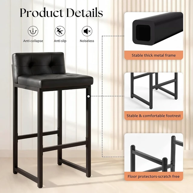 Alt view image 6 of 7 - Bar Stools Set of 2, Counter Height Bar Stools Sets with Back, Faux Leather Barstools with Metal Legs and Footrest, Upholstered Bar Chairs for Dining Kitchen Island, Home Counter Bar