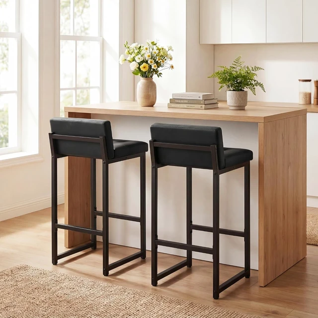 Alt view image 7 of 7 - Bar Stools Set of 2, Counter Height Bar Stools Sets with Back, Faux Leather Barstools with Metal Legs and Footrest, Upholstered Bar Chairs for Dining Kitchen Island, Home Counter Bar