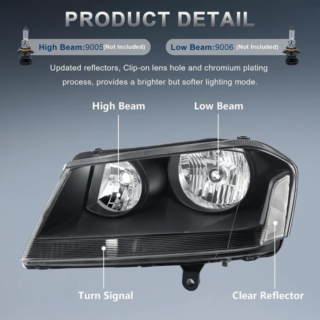 Alt view image 2 of 6 - Headlights Assembly Compatible for 2008-2014 Dodge Avenger Black Housing Clear Reflector Front Headlamp Driver and Passenger Side
