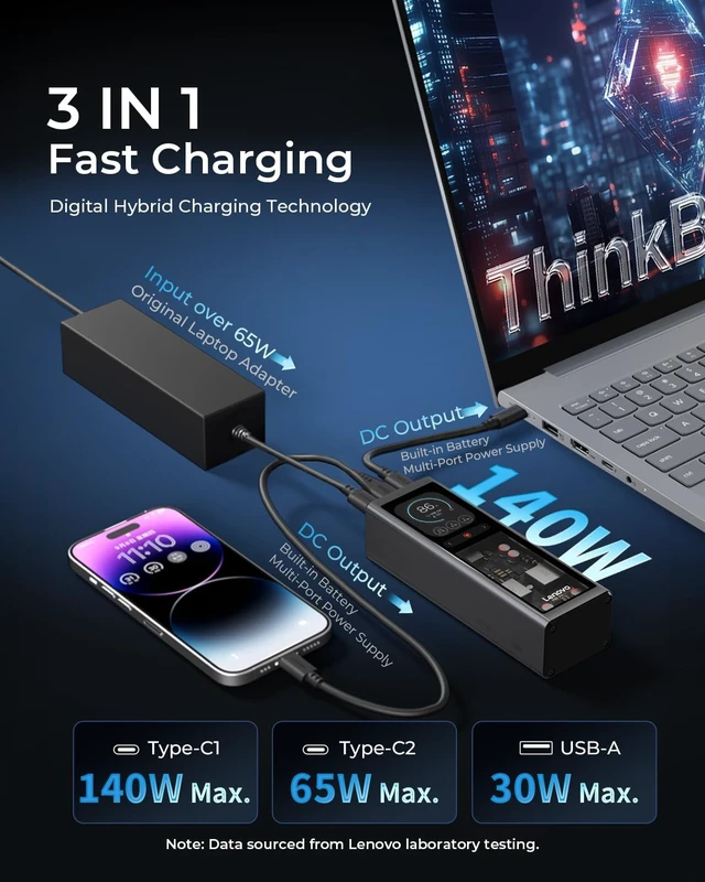 Alt view image 2 of 7 - Laptop Portable Power Bank, 20,000 mAh 3-Port USB-C 140W Digital Hybrid Charger, TFT Display, Travel Charging Station with 240W Cable for ThinkBook 14, MacBook, iPhone, Galaxy