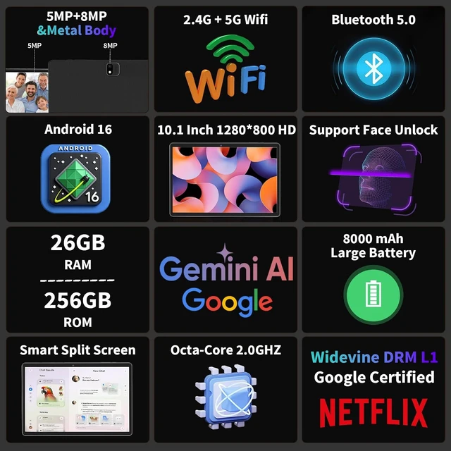 Alt view image 2 of 7 - Android 16 Tablet with Keyboard - 10 inch Tablet with 26GB+256GB+2TB Expand