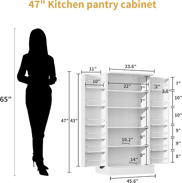 Alt view image 2 of 7 - 47 Pantry Cabinet, Kitchen Pantry Storage Cabinet with Doors and Adjustable Shelves,Freestanding Buffet Cupboards Sideboard for Living Room and Dinning Room (White)