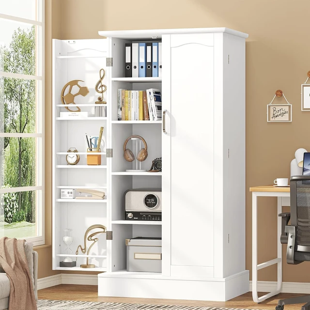Alt view image 3 of 7 - 47 Pantry Cabinet, Kitchen Pantry Storage Cabinet with Doors and Adjustable Shelves,Freestanding Buffet Cupboards Sideboard for Living Room and Dinning Room (White)