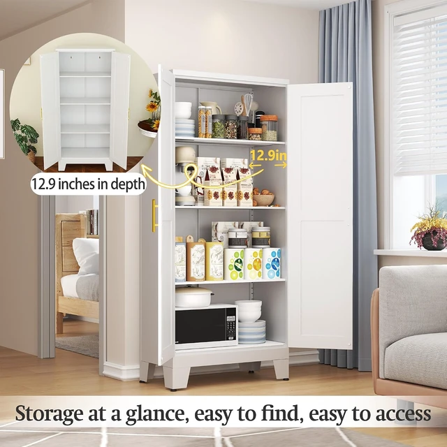 Alt view image 4 of 7 - White Metal Storage Cabinet, 61" Kitchen Pantry Cabinets for Office