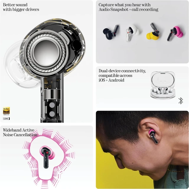 Alt view image 2 of 7 - Ear (3a) Noise Cancelling Earbuds, 45dB Hybrid ANC, 12mm Driver with Hi-Res Audio and Bigger Bass, 6 Mics for Clear Calls & Recording, Dual Connect Bluetooth Earphones for Sport, Travel, Work