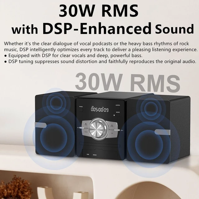 Alt view image 4 of 7 - Home Stereo System with CD Player, FM Radio, Bluetooth, AUX in, USB in, Earphone Jack, Remote Control Included, 30W HiFi Shelf Stereo System