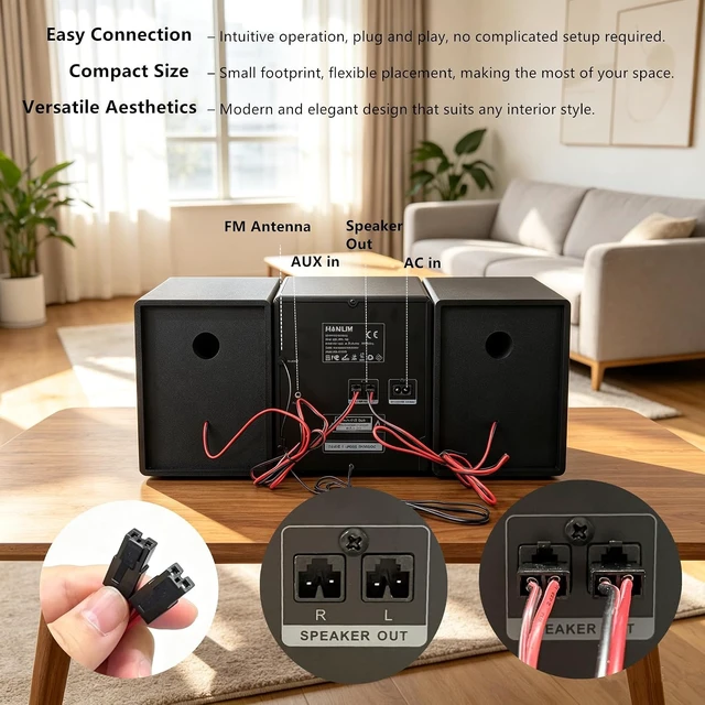 Alt view image 6 of 7 - Home Stereo System with CD Player, FM Radio, Bluetooth, AUX in, USB in, Earphone Jack, Remote Control Included, 30W HiFi Shelf Stereo System