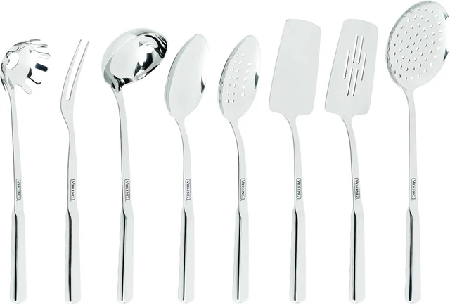 Main image of Kitchen Utensils Set, 8 Piece Stainless Steel Cooking Utensil Set, Includes Spatulas, Spoons, Pasta Fork, Deep Ladle, Meat Fork, and Skimmer, Silver