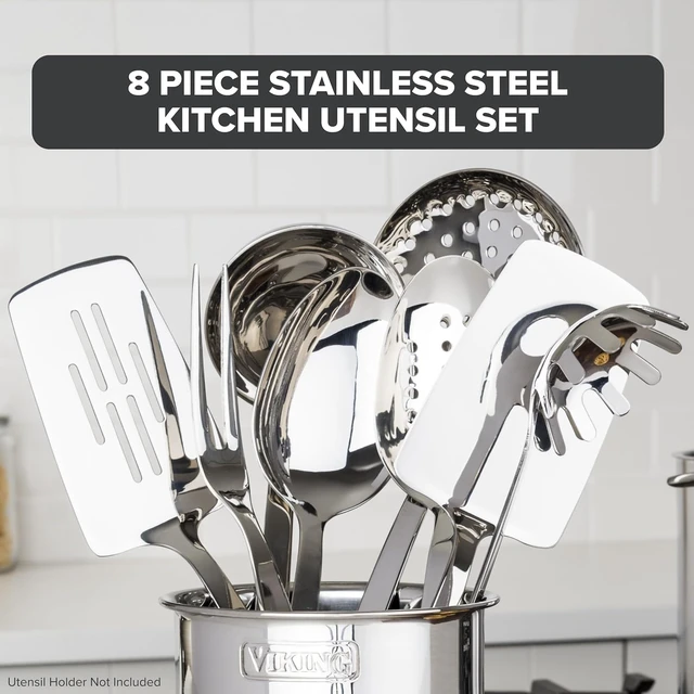 Alt view image 2 of 6 - Kitchen Utensils Set, 8 Piece Stainless Steel Cooking Utensil Set, Includes Spatulas, Spoons, Pasta Fork, Deep Ladle, Meat Fork, and Skimmer, Silver
