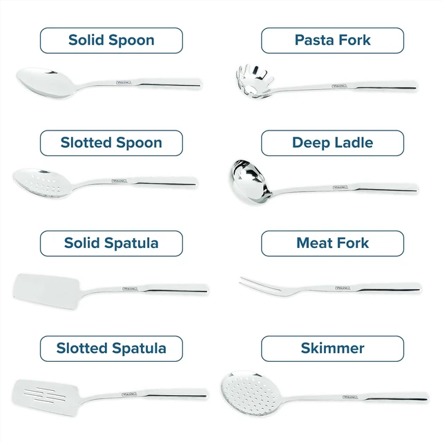 Alt view image 4 of 6 - Kitchen Utensils Set, 8 Piece Stainless Steel Cooking Utensil Set, Includes Spatulas, Spoons, Pasta Fork, Deep Ladle, Meat Fork, and Skimmer, Silver