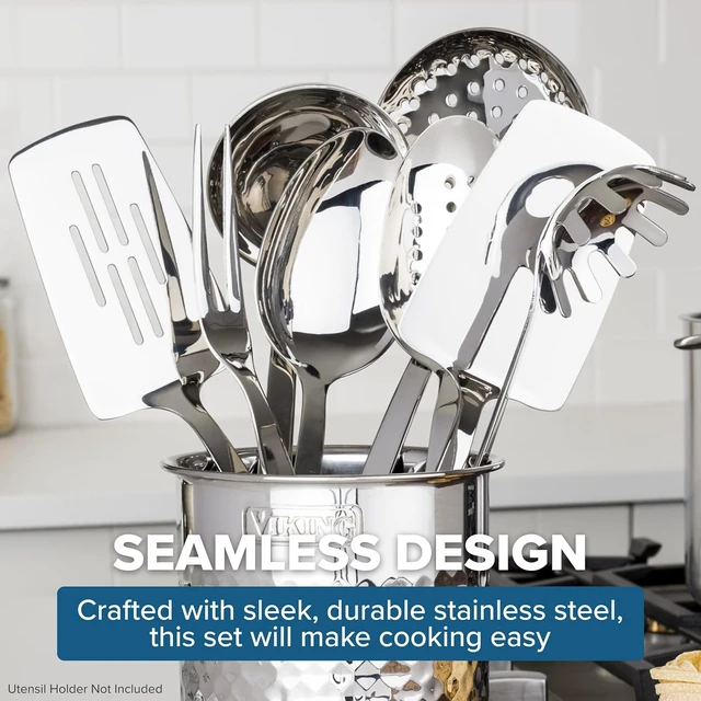 Alt view image 5 of 6 - Kitchen Utensils Set, 8 Piece Stainless Steel Cooking Utensil Set, Includes Spatulas, Spoons, Pasta Fork, Deep Ladle, Meat Fork, and Skimmer, Silver