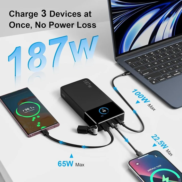 Alt view image 4 of 7 - Portable Charger 187W 25000mAh Power Bank w/Smart Display APP