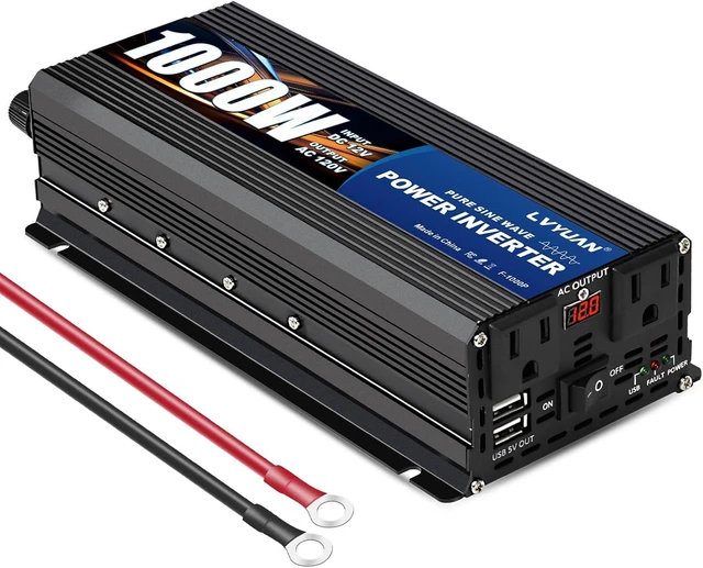 Main image of 1000W Pure Sine Wave Inverter 12V to 110-120V, Dual AC, USB, LED