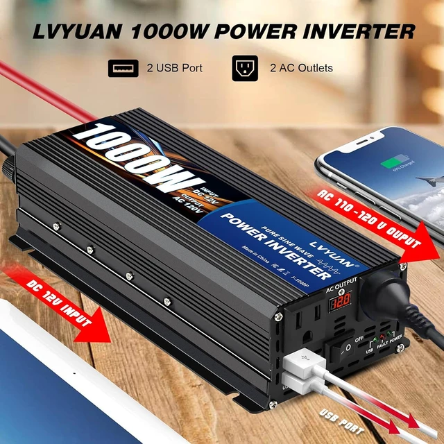 Alt view image 4 of 7 - 1000W Pure Sine Wave Inverter 12V to 110-120V, Dual AC, USB, LED