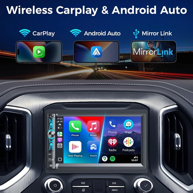 Alt view image 2 of 7 - 7" Double Din Car Stereo with Wireless Carplay & Android Auto, Bluetooth, 240W, SWC, Subwoofer Out, Mirror Link, USB-C/AUX/TF, FM/AM Car Radio Receiver, Backup Camera