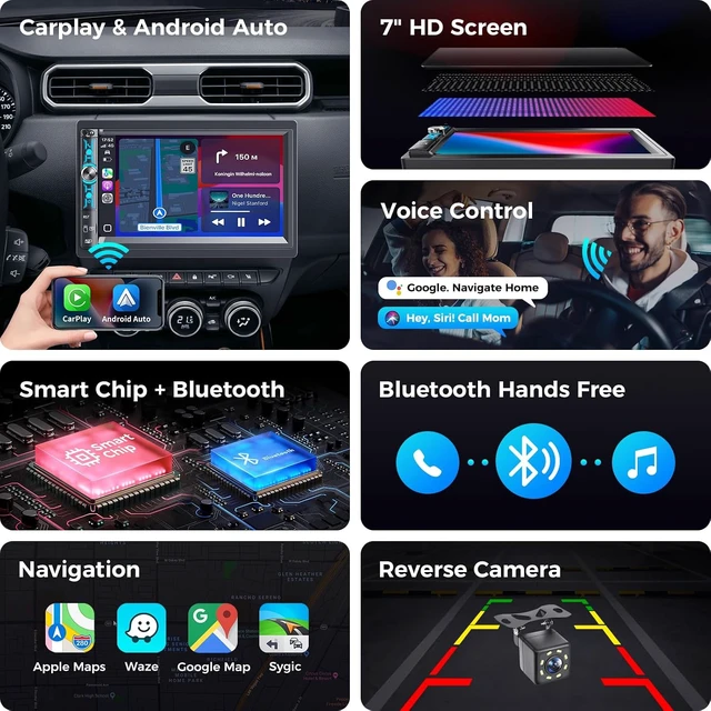 Alt view image 3 of 7 - 7" Double Din Car Stereo with Wireless Carplay & Android Auto, Bluetooth, 240W, SWC, Subwoofer Out, Mirror Link, USB-C/AUX/TF, FM/AM Car Radio Receiver, Backup Camera