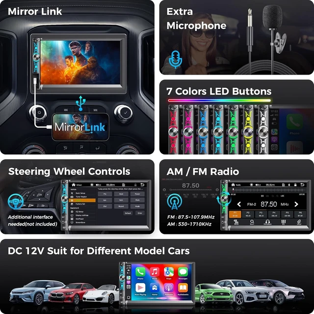 Alt view image 4 of 7 - 7" Double Din Car Stereo with Wireless Carplay & Android Auto, Bluetooth, 240W, SWC, Subwoofer Out, Mirror Link, USB-C/AUX/TF, FM/AM Car Radio Receiver, Backup Camera