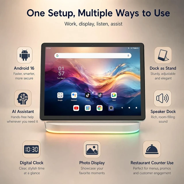 Alt view image 2 of 7 - 2026 Upgraded Android 16 Tablet with 64GB+1TB Expand, 10.1 inch Tablet with 8-Core, Dock Station, Gemini Ai, WiFi 6, Bluetooth 5.4, 3-Year Protection, Tablet for Students, Kids& Adults