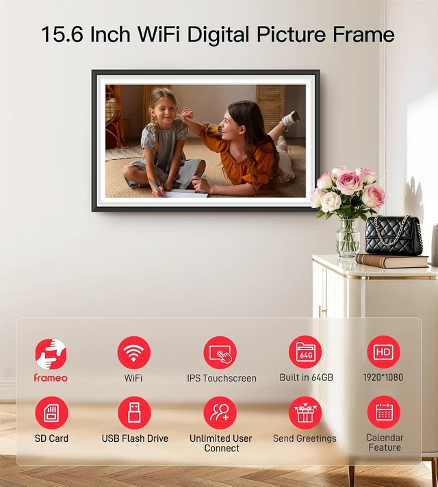 Alt view image 5 of 7 - 64GB Frameo 15.6" Digital Picture Frame WiFi, Large Electronic Photo Frames
