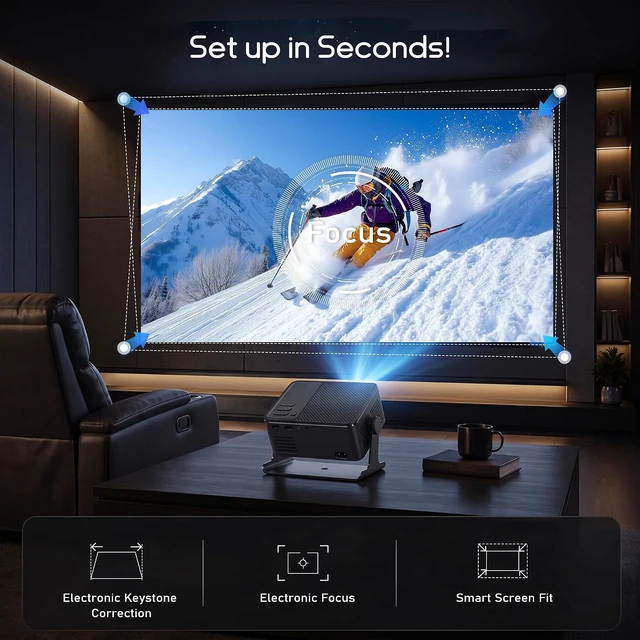 Alt view image 4 of 7 - Smart Projector with WiFi and Bluetooth, Native 1080P 4K Support Electronic Focus & Keystone Portable Movie Projector for Bedroom Ceiling Theater, 180°Rotation Proyector for Phone/Laptop/HDMI