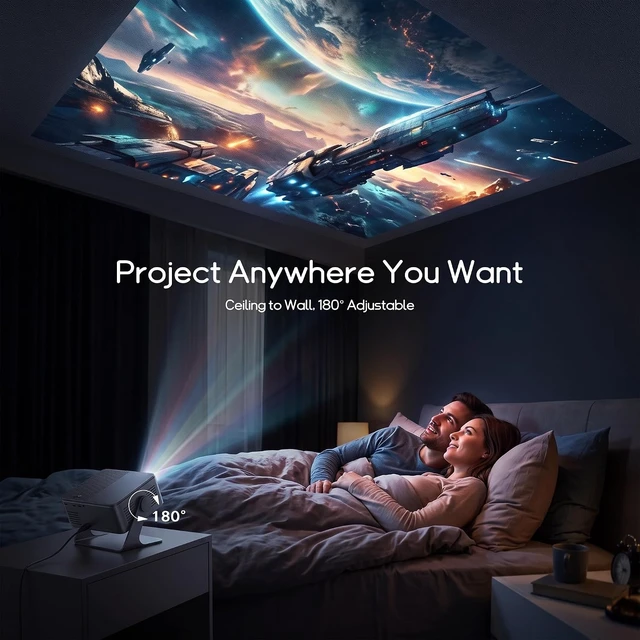 Alt view image 5 of 7 - Smart Projector with WiFi and Bluetooth, Native 1080P 4K Support Electronic Focus & Keystone Portable Movie Projector for Bedroom Ceiling Theater, 180°Rotation Proyector for Phone/Laptop/HDMI