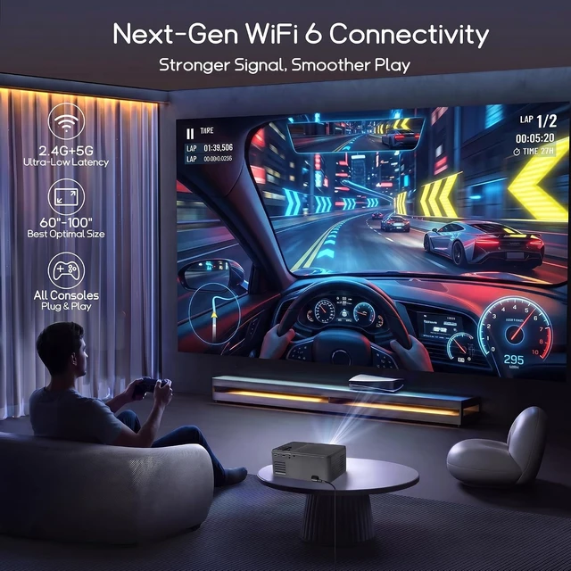 Alt view image 7 of 7 - Smart Projector with WiFi and Bluetooth, Native 1080P 4K Support Electronic Focus & Keystone Portable Movie Projector for Bedroom Ceiling Theater, 180°Rotation Proyector for Phone/Laptop/HDMI