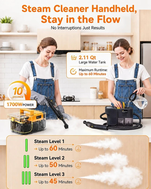 Alt view image 3 of 7 - Steam Cleaner, 3 Level Adjustable Handle with 18 Accessories