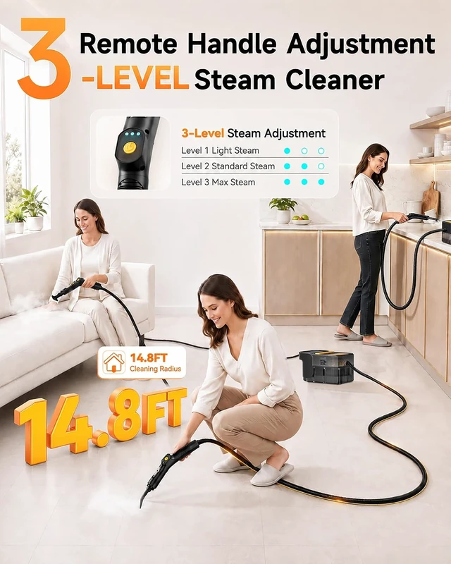 Alt view image 2 of 7 - Steam Cleaner, 3 Level Adjustable Handle with 18 Accessories