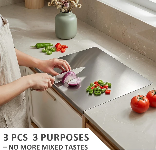 Alt view image 6 of 7 - Stainless Steel Chopping Board Set of 3, Cutting Board with Lip