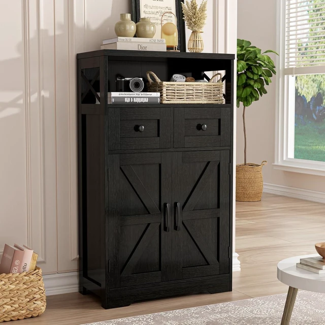 Main image of Black Farmhouse Storage Cabinet with Doors and Drawers, Small Pantry Hutch