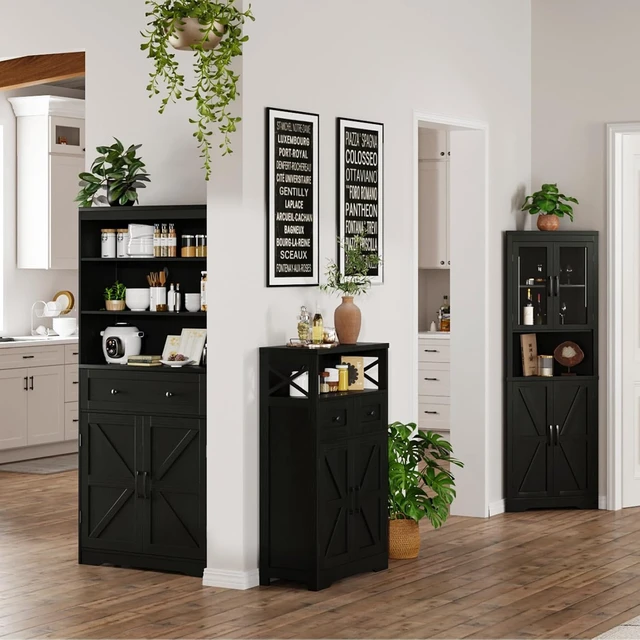 Alt view image 3 of 7 - Black Farmhouse Storage Cabinet with Doors and Drawers, Small Pantry Hutch